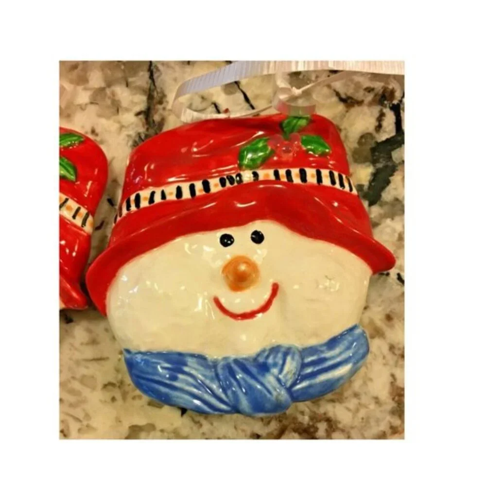 Set of 6 Hand-Painted Ceramic Christmas Ornaments Snowman Head With Hat